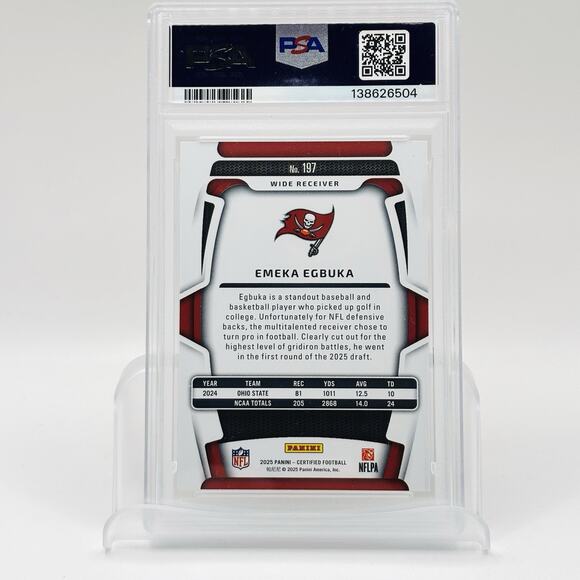 Emeka Egbuka 2025 Certified #197 Mirror Red /100 Price Guide  2025 Panini Certified - Rookies Emeka Egbuka #197 Mirror /399 (RC) PSA 8